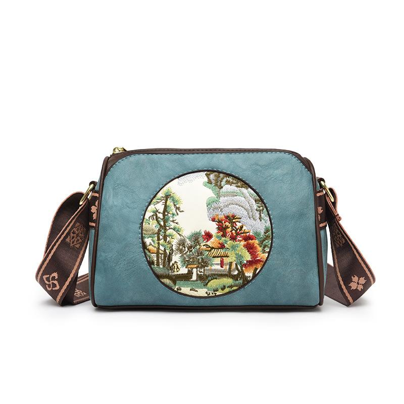 New Literary and Artistic Shoulder Bag Retro Embroidery Line Landscape Painting Mother Mobile Phone Bag Fashionable Multi-layer Crossbody Bag