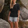Women Tops Round Neck Puff Short Sleeve Hollow Lace Pullover Tops Solid Color Loose Fit Summer T-shirt