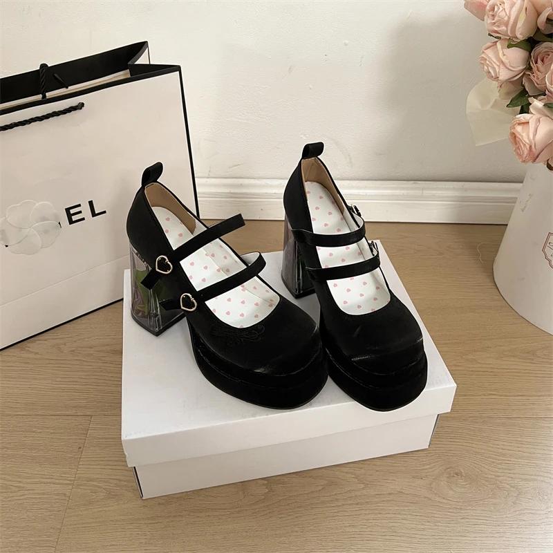 2025 Summer Mary Janes Women's High Heels Fashion Buckle Strap Party Pumps Women Bow Tie Shallow Chunky Heel Platform Shoes