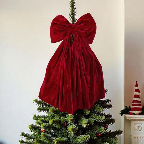 Christmas Bow Tree Topper Ornament Burgundy Velvet Wreath Bows Christmas Hanging Ribbon Gift Bows for Holiday Home Wall Outdoor Party Decoration