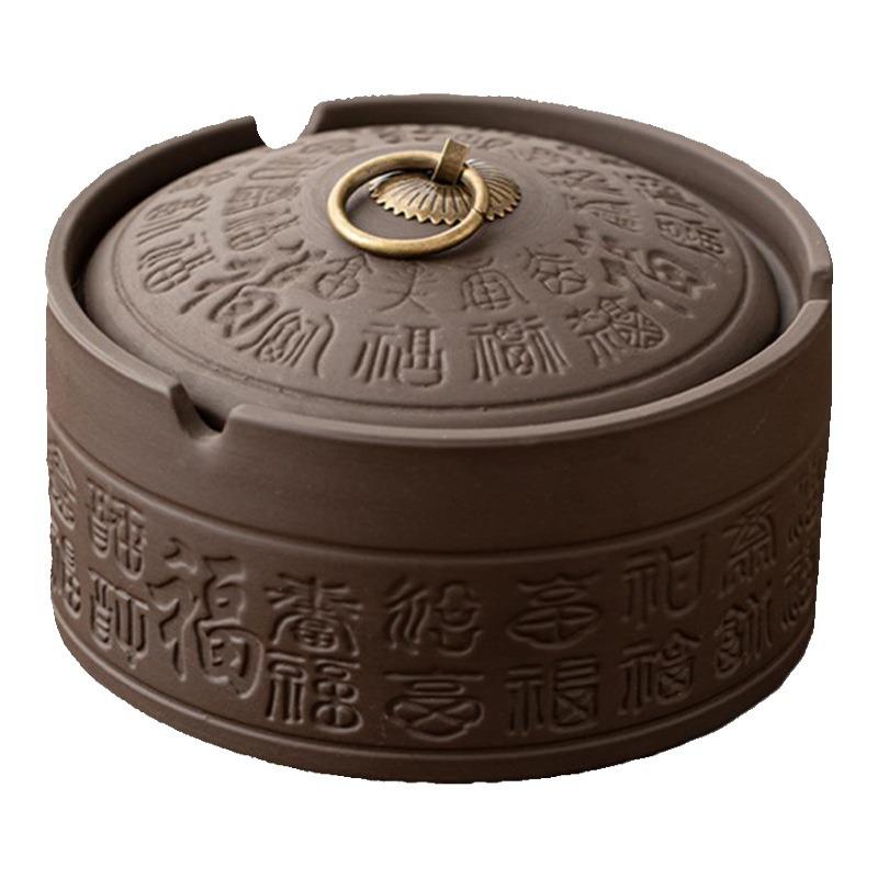 Purple Clay Ashtray with Lid Windproof Chinese Fu Pattern Large Capacity Minimalist Home Office Desk Decor