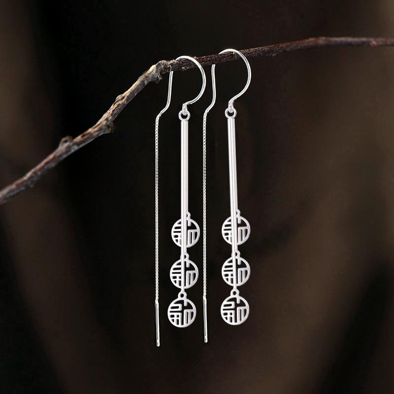 925 Sterling Silver Fu Tassel Earrings: Ethnic Style, Long Dangle, Anti-Loss 925 Silver