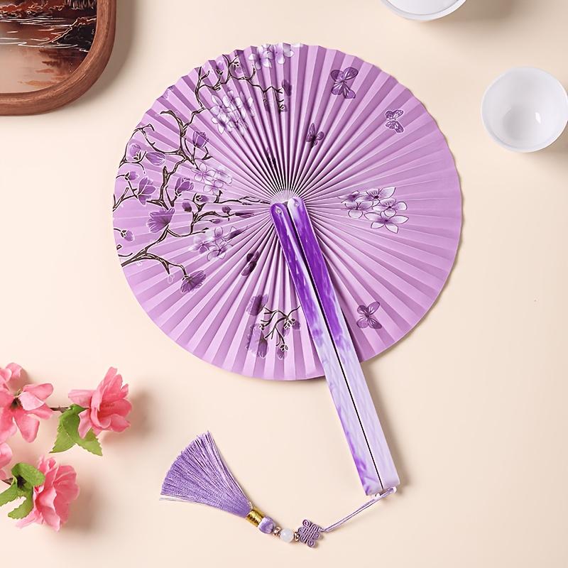 Magnetic Closure Folding Paper Hand Fan, Long Handle with Tassels, Portable Pocket Fan for Easy Carry