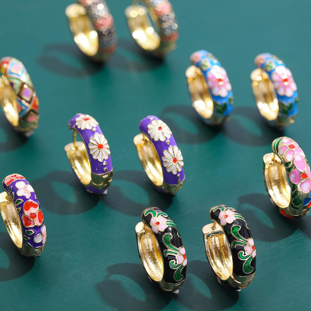 Kenjie Retro Copper Enamel Circle Earrings - Fashionable, Colorful, Versatile Drip Oil Earrings for Women