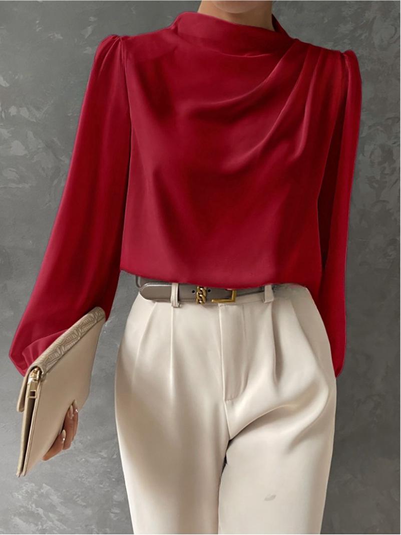 

Solid Color Ruched Satin Pullover: Women s European and American Style Long-Sleeved Shirt Medium червоний