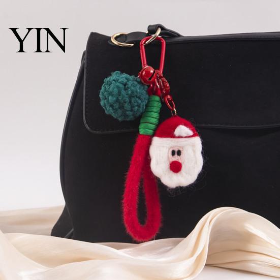 Knitted Holiday Embellishments Christmas Santa Claus Bag Charm, Crochet Keychain Pendant with Key Accessories Faux Leather Star, Xmas Hanging