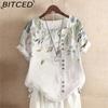 Camicia Casual Stile Vintage Estivo in Misto Cotone e Lino con Stampa alla Moda, Vestibilità Ampia, T-shirt a Maniche Corte per Donna
