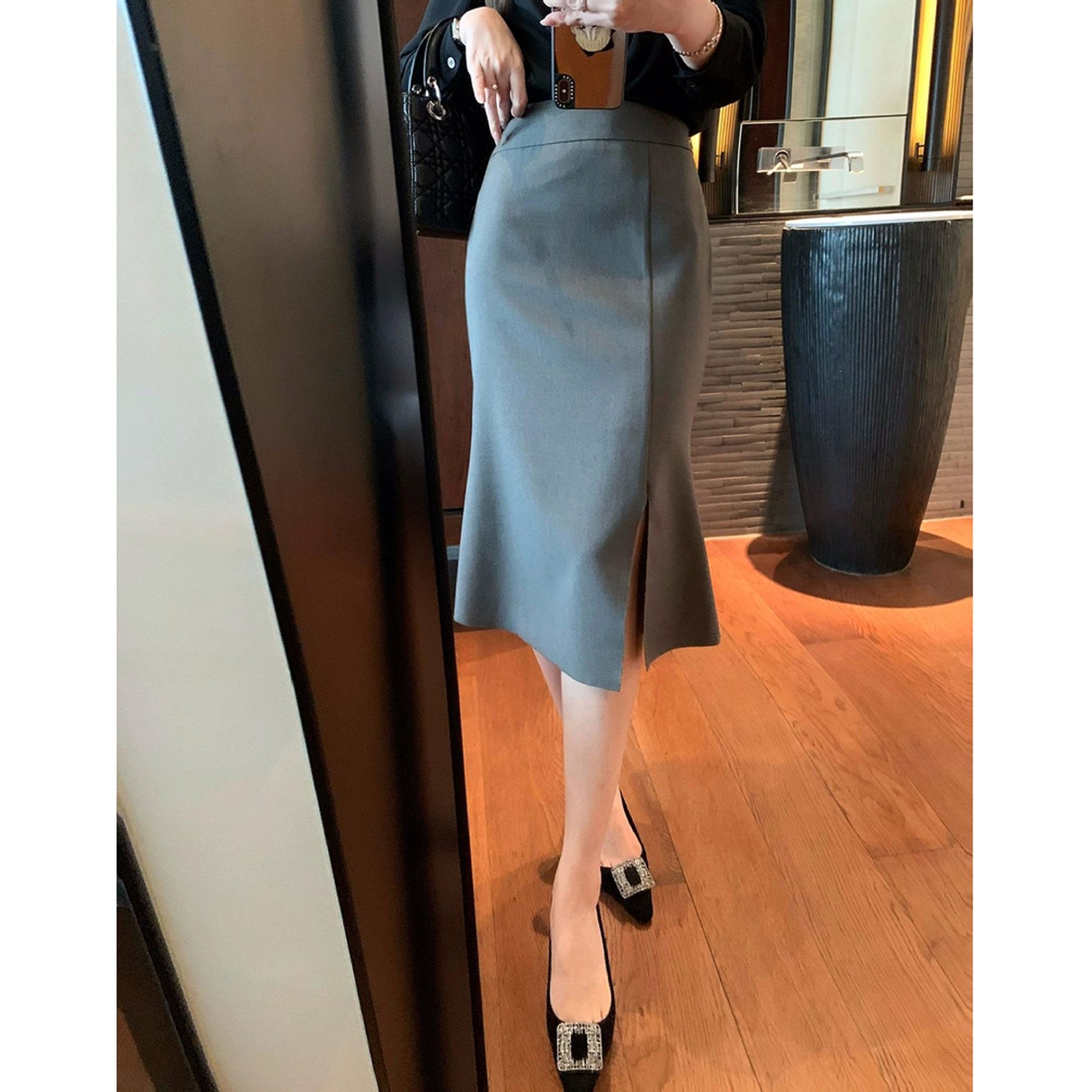 

High-Waist Gray Fishtail Skirt - Slimming Mid-Length with Professional Slit Small серый