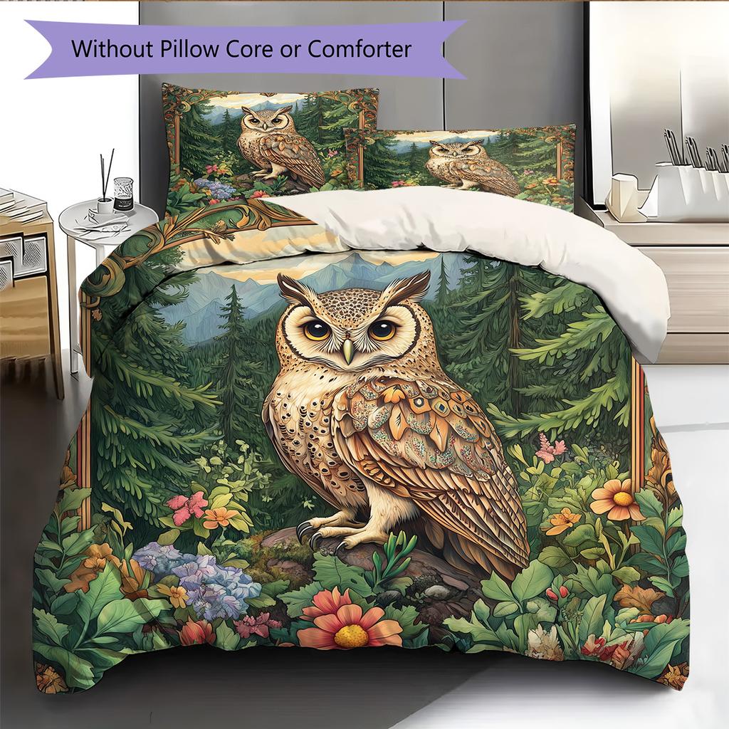 Eule auf Ast Muster Bettwäsche Quilt Set Heimdekoration Geschenk (1 Bettbezug + 2 Kissenbezüge, ohne Füllung)