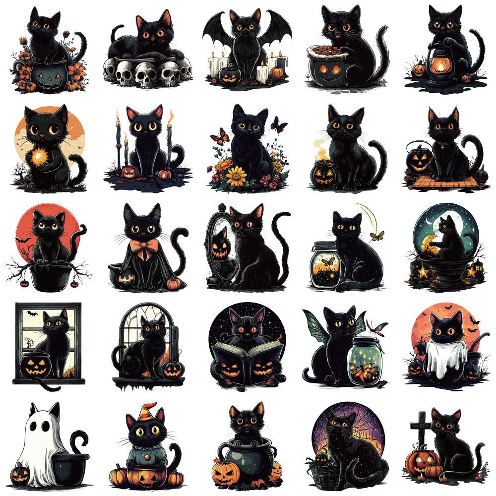 50 Creative Halloween Black Cat Transparent PET Stickers for Thermos Cups, Phone Cases, and Computers