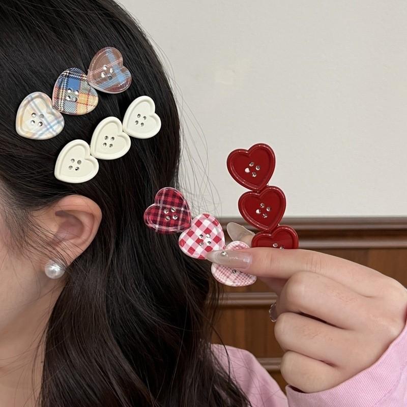 Sweet Check Love Button Hair Clip Side Bangs Girly Cute Duckbill Clip Hair Accessories