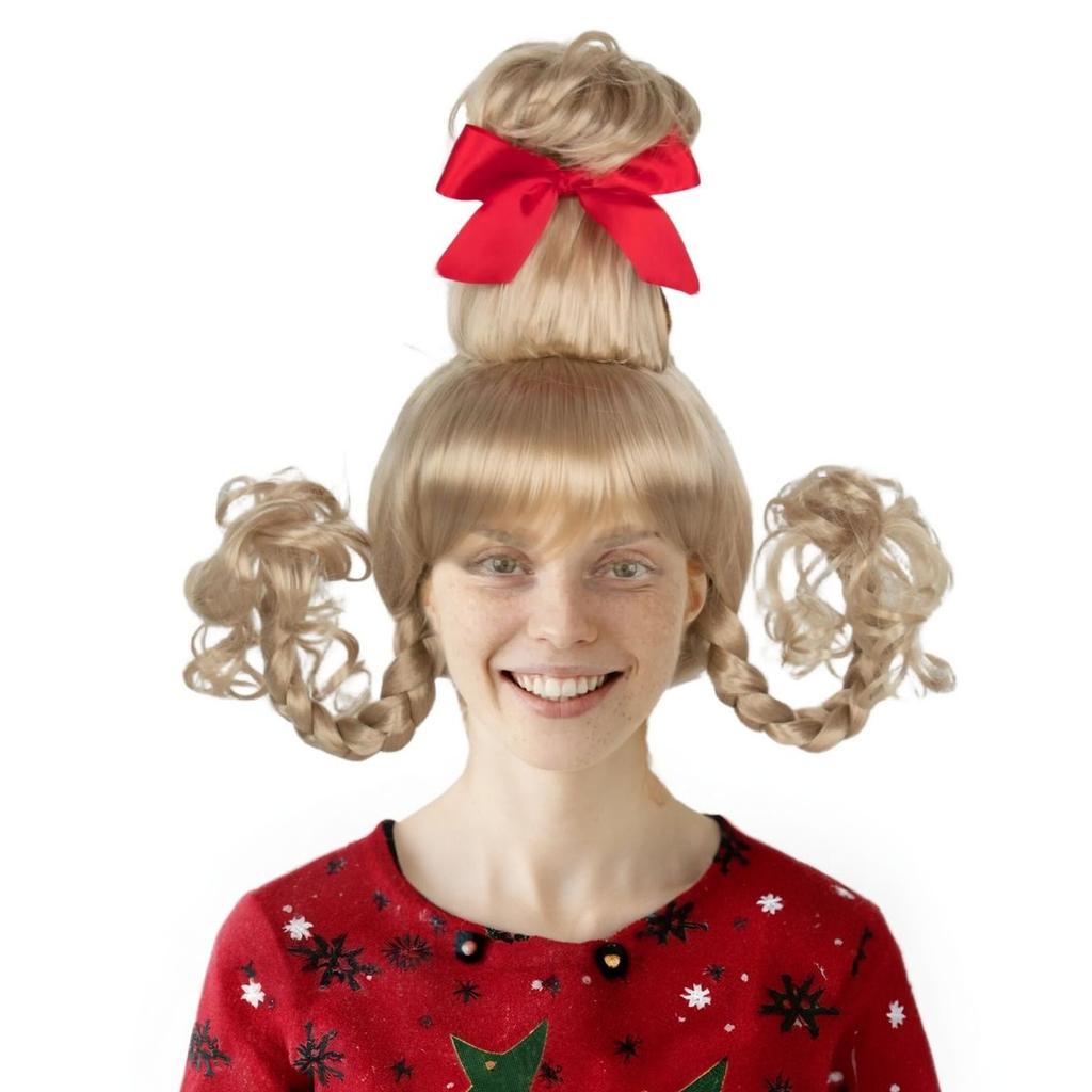 Anime Cosplay High-Top Blonde Wig with Bow Braid Christmas Synthetic Hair for Women Party Costume Accessory