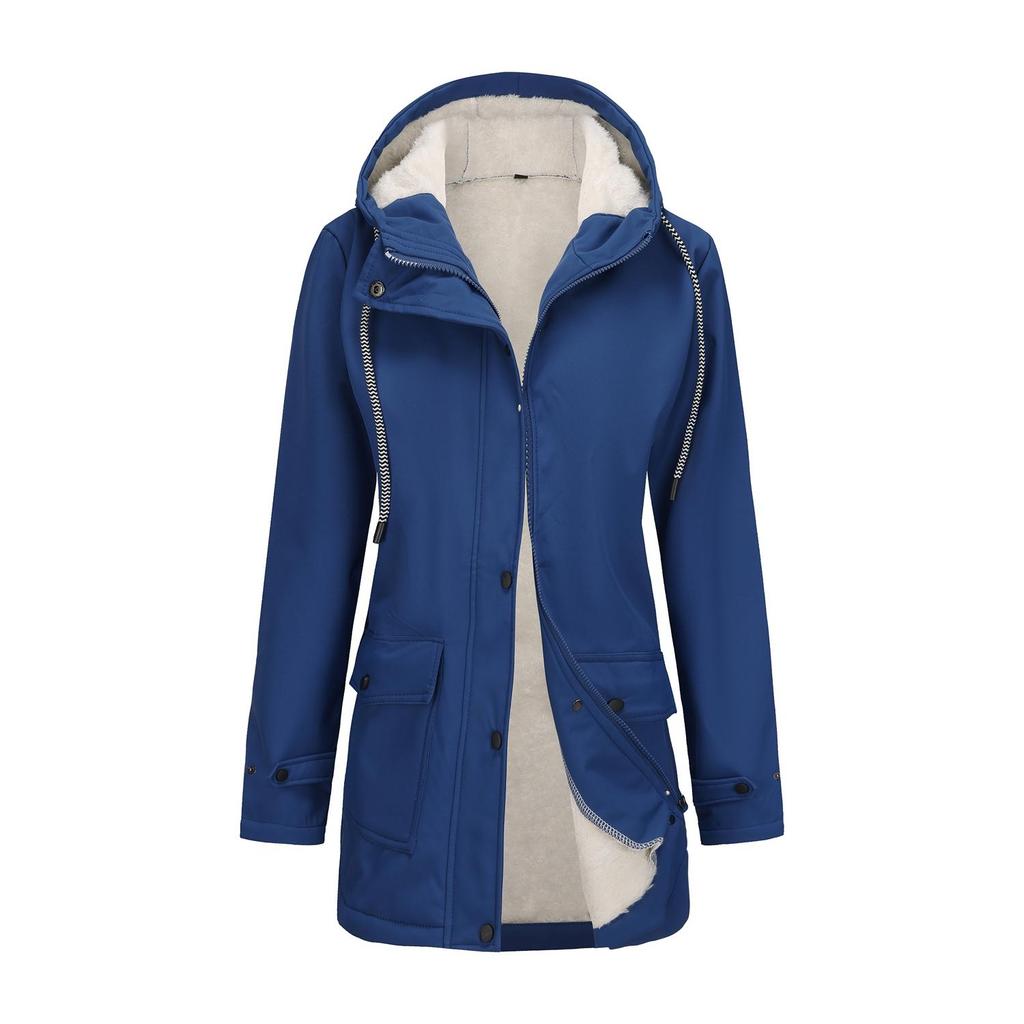 Women’s Trenches Hooded Windbreakers Long Sleeves Fleece Coats Water-resistant Zipper Jackets Autumn Winter Outer Wear