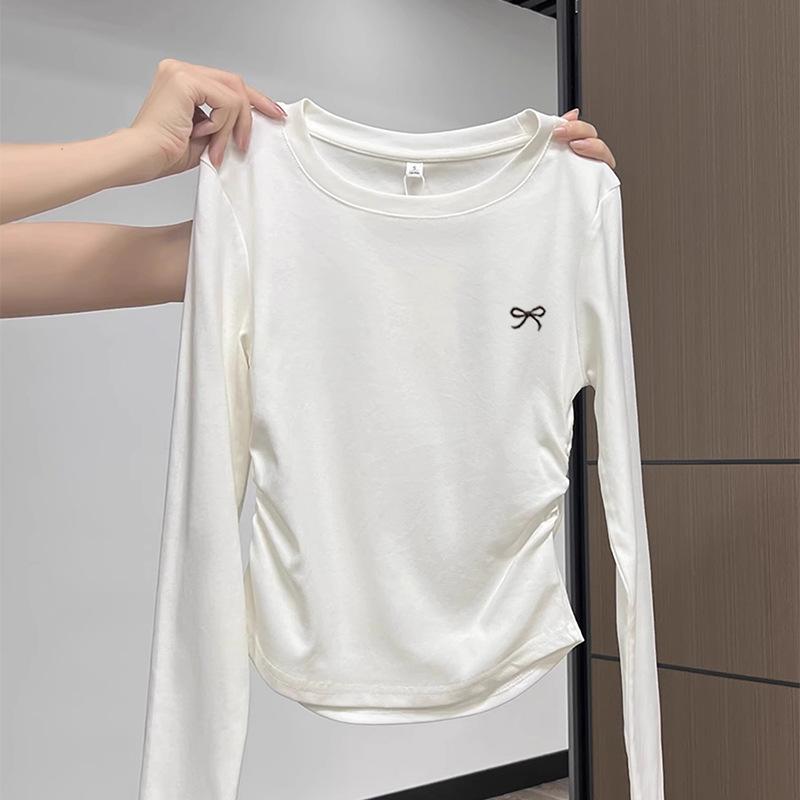 Round Neck Structured Shoulder Long Sleeve Tee Women Early Autumn Curved Hem Ruffle Waist Slim Base Layer Top
