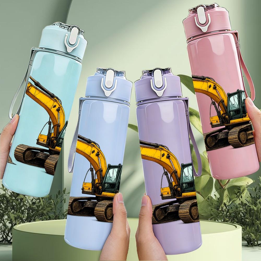 1PC Yellow Excavator Machinery 750ml Color Plastic Sports Water Bottle Leakproof Flip Straw Lid Suitable for Sports Office Home Use