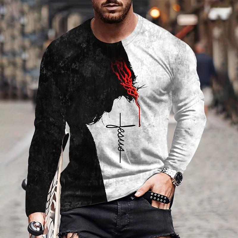 Funny Handprint Printed T-shirt Autumn Men's Casual Outdoor Long Sleeve Tees Top Pullover
