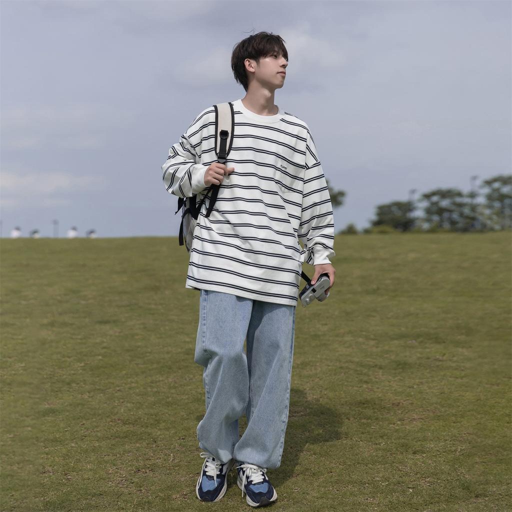 Autumn New Striped Long-Sleeved T-Shirt Men'S College Style Retro Trend Casual Crew Neck Bottoming Sweater