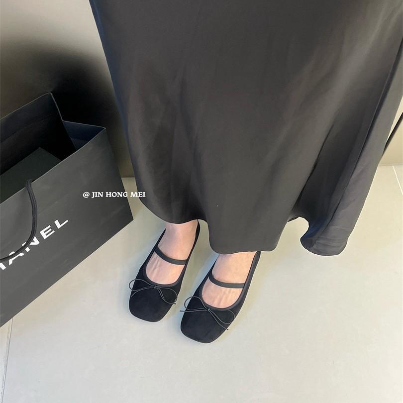 Square head single shoes women's flat bottom retro word with light mouth wide fat feet soft sole bow ballet shoes soft sole