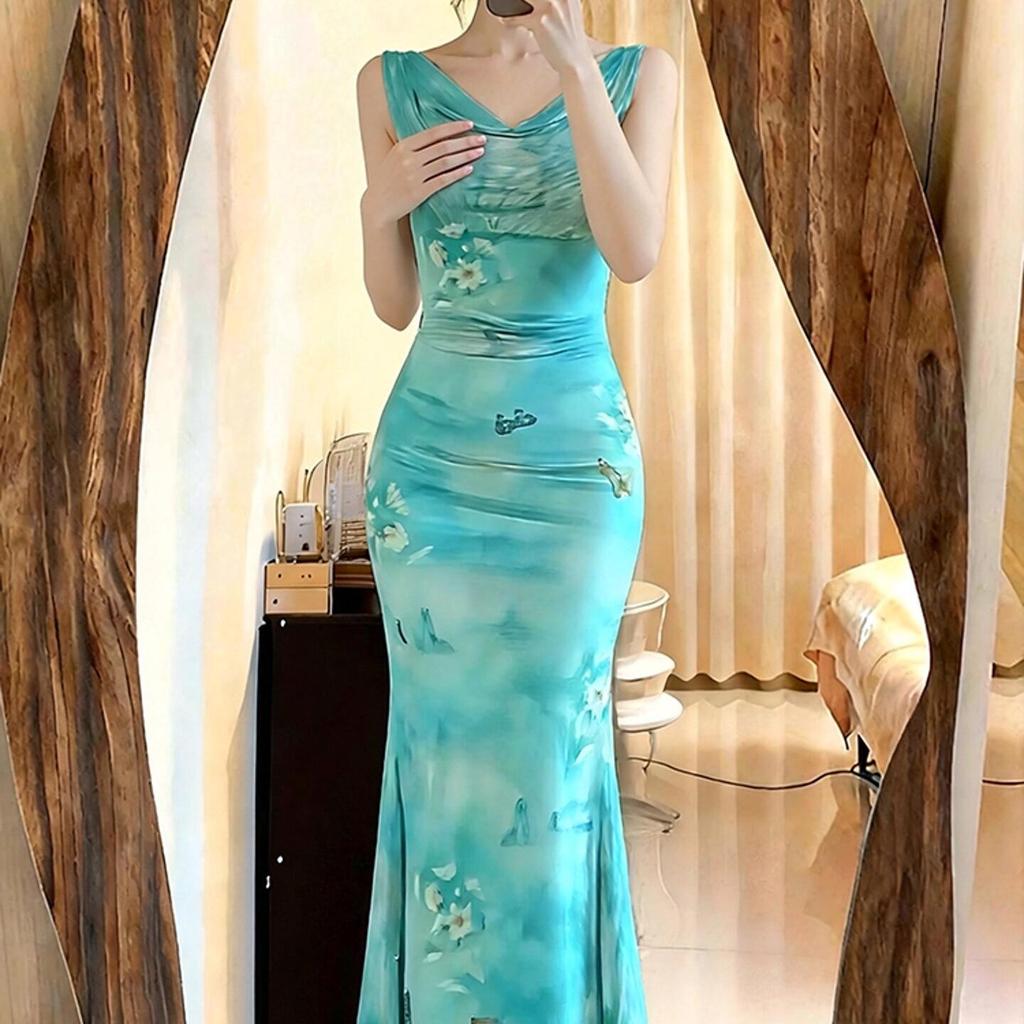 Mint Green Fishtail Maxi Dress with Butterfly Print and Pleated Waist