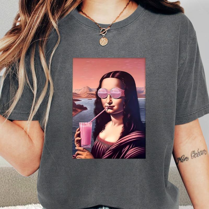 

Mona Lisa Print Fashion Retro Style Women s Summer Casual Sports Style Top Round Neck Short-sleeved T-shirt on Vacation Deep Space Gray S-XXL S