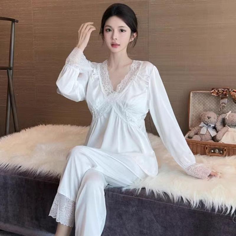 

Женский пижамный комплект из ледяного шелка и кружева с V-образным вырезом - С длинным рукавом и брюками, Коллекция весна/лето M