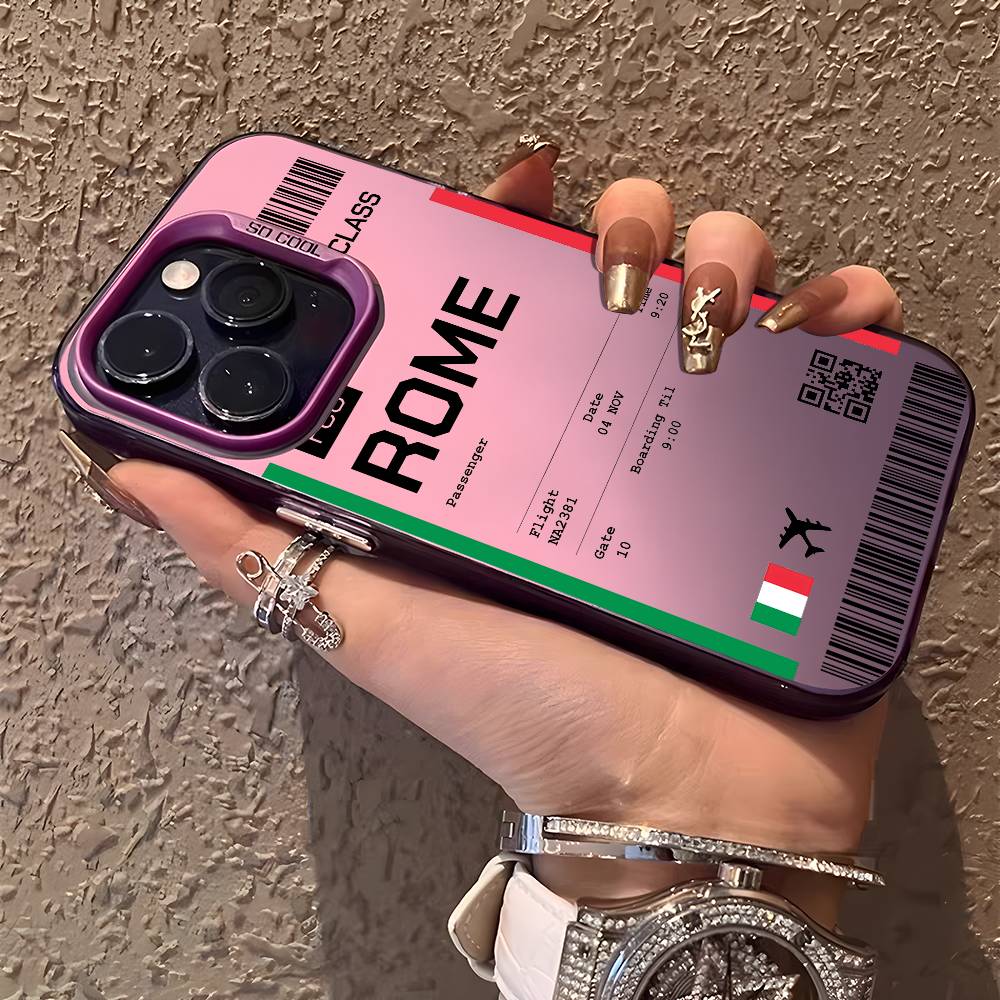 Italy Plane Travel Ticket Phone Case For iPhone 16 15 14 13 12 11 Plus Pro Max Multicolor Aurora Laser Shockproof Funda Cover