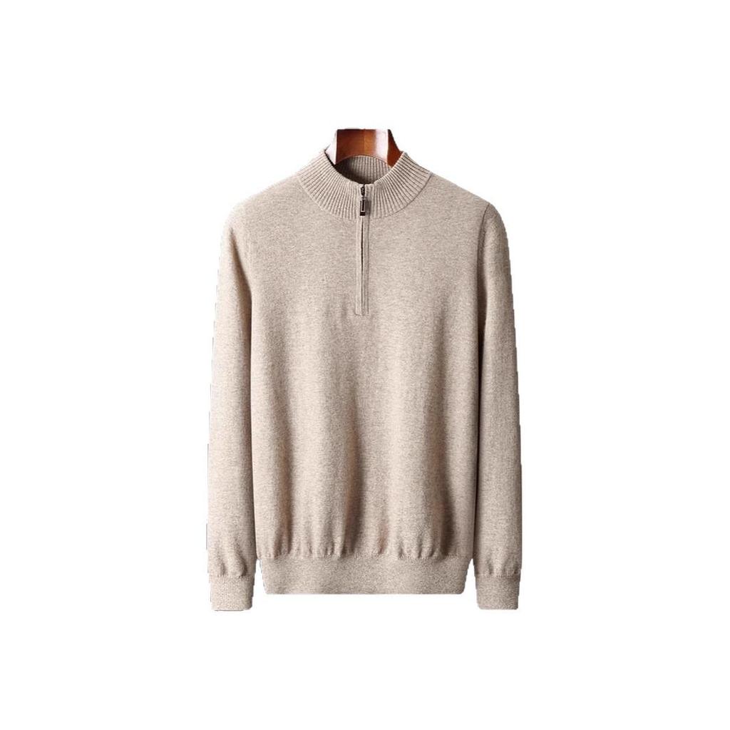 Men's 100% Pure Wool Half-Zip Sweater - Thickened Knit Base Layer for Autumn and Winter