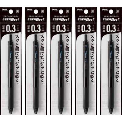 PENTEL Gel Ink EnerGel S Ballpoint Black 5 Pens Pen, 0.3mm, Barrel, XBLN123-A,