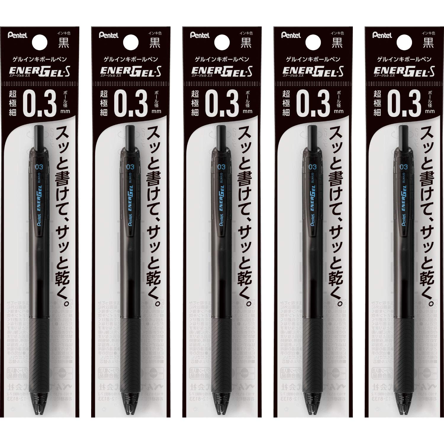 

Pentel Gel Ink EnerGel S Ballpoint Black 5 Pens Pen, 0.3mm, Barrel, XBLN123-A, чёрный