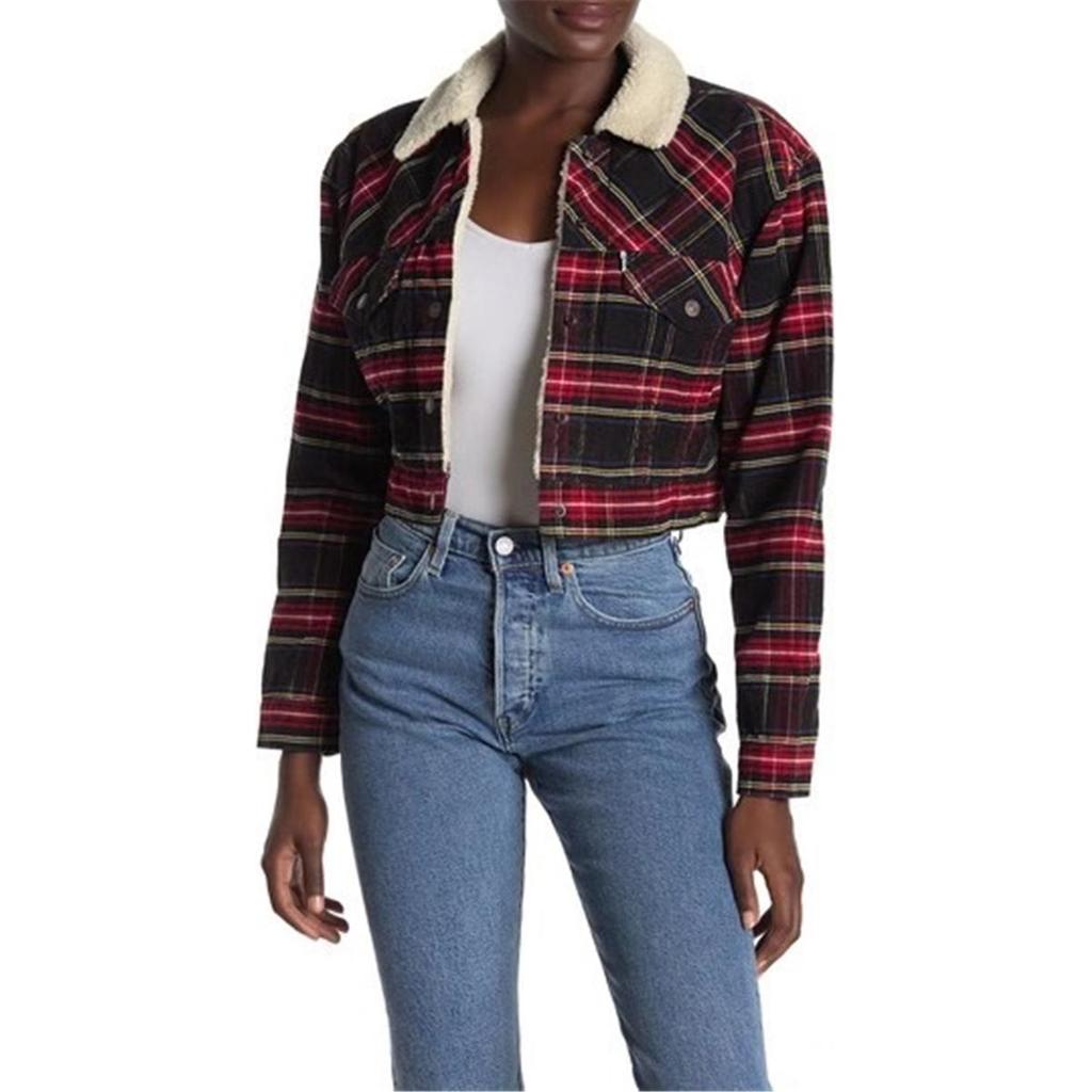 Levis Short Single-Breasted Vintage Plaid Long Sleeve Jacket Women jackets Red 72675-0001
