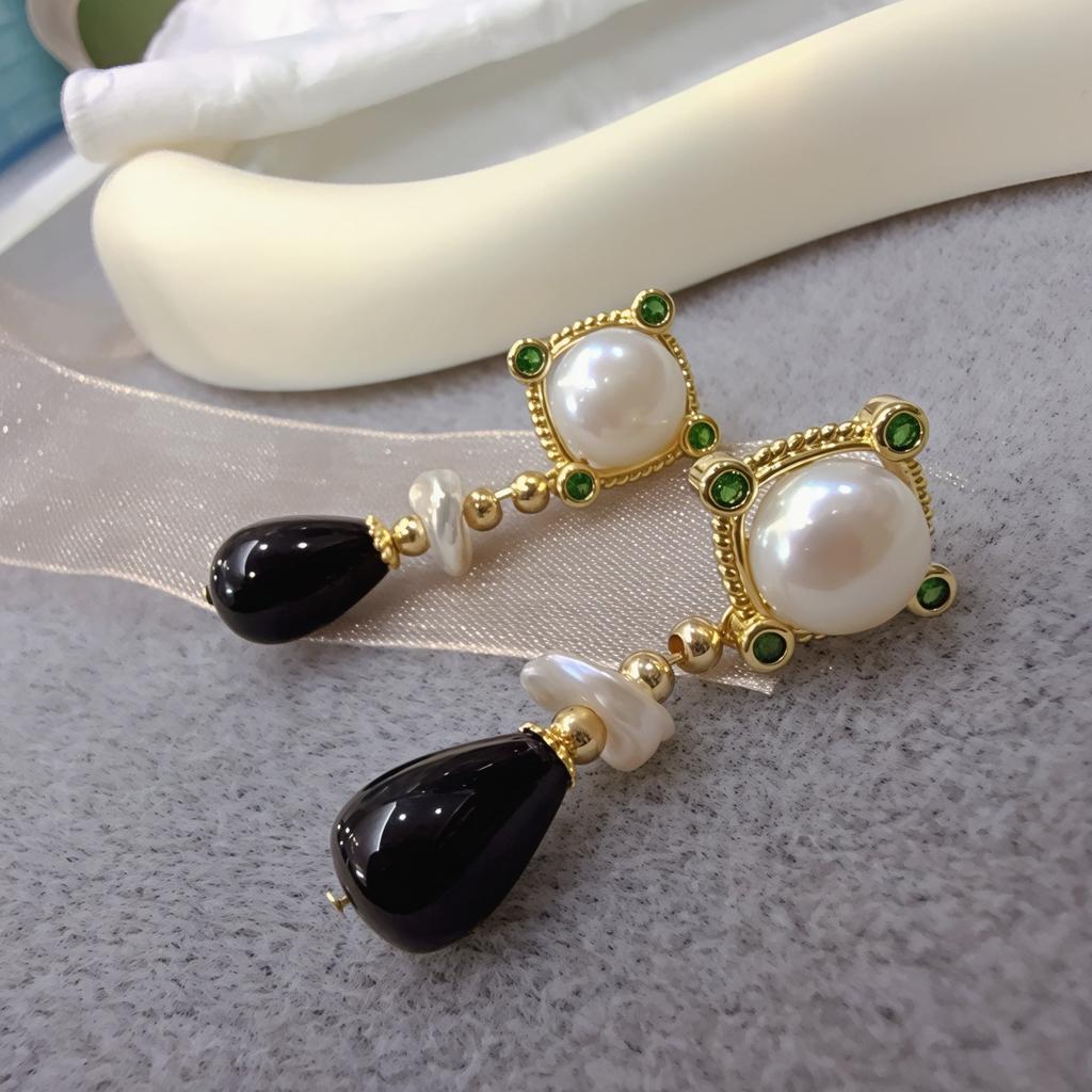 Lanyun Designer Original French Heroine Retro Geometric Natural Freshwater Pearl Earrings Agate Water Drop Earrings