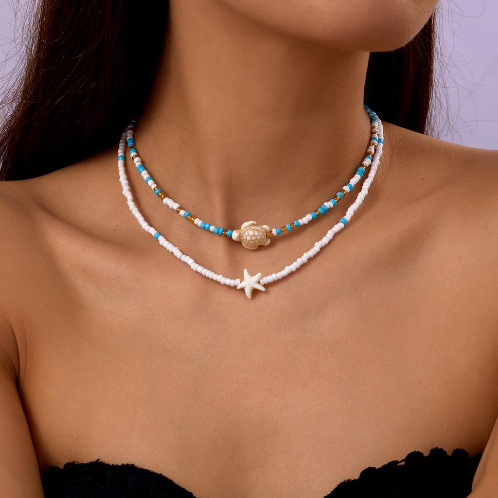 Bohemian Mixed Color Rice Beads Starfish Pendant Necklace for Women Double Turtle Chain Clavicle Necklace Summer Travel Jewelry