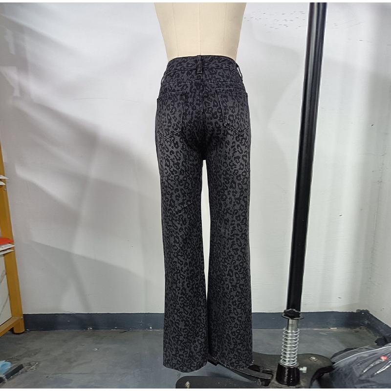 Elegant Grey Leopard Printed Jeans High Waist Straight Leg Vintage High Street Black Jeans Pants Women Formal Korean Retro