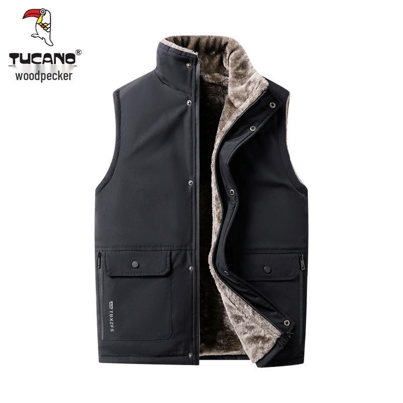 Woodpecker Men's Plus Velvet Thickened Cotton Vest – Autumn/Winter Sleeveless Workwear Fishing Gilet