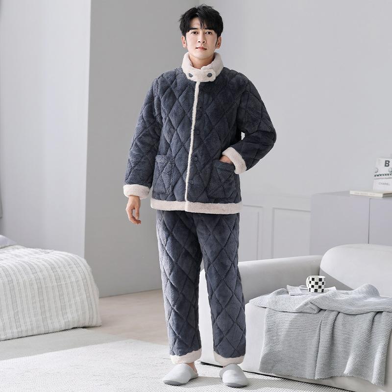 Pajamas Men'S Winter Coral Fleece Three-Layer Padded Cotton Thickened Fleece Homewear Warm Padded Jacket Flannel Stand-Up Collar Set
