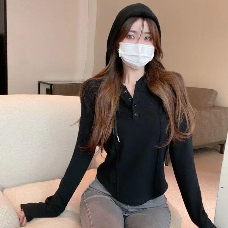 Women's Autumn 2024 Hooded Long Sleeve T-shirt with Waist-Cinching Slim Fit