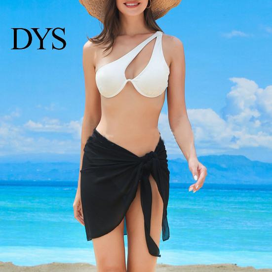 Summer Beach Skirt Women Lace-up Solid Color See-through Thin Flowy Quick-Drying Sun Protection Bikini Cover Up Elastic Waist