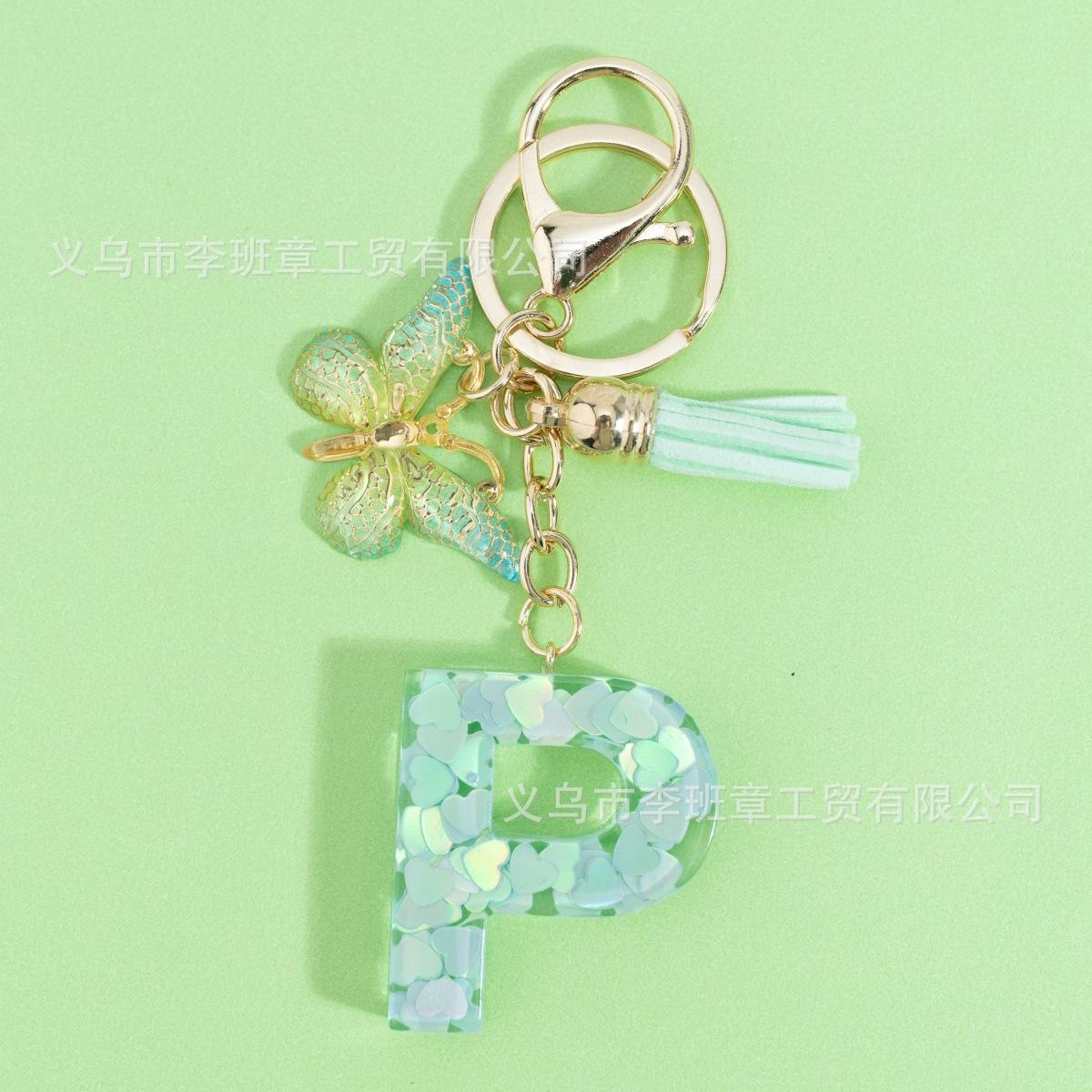 Зеленое сердце брелок с пайетками, подвеска с английской буквой имени, шарм для сумки One Size