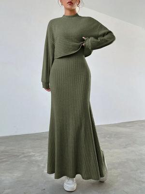 Fall Winter Solid Long Sleeve Backless Maxi Dress & Batwing Sleeve Knit Set