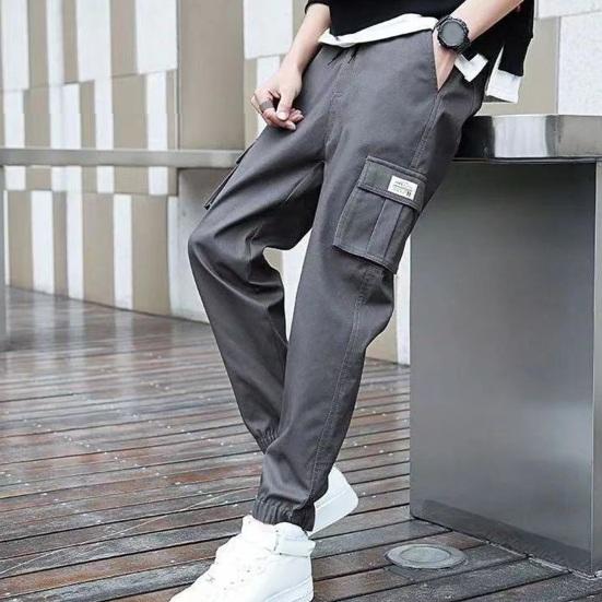 

Мужские брюки-карго с тонкими карманами на щиколотке и эластичной резинкой на талии, свободные брюки больших размеров, однотонные спортивные штаны для тренировок в тренажерном зале, длинные уличные брюки L серый