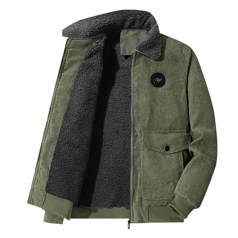 Corduroy Jacket Men's Autumn and Winter Thickened Velvet Casual Lapel Jacket Green and Medium Lamb Velvet Warm Winter Wear