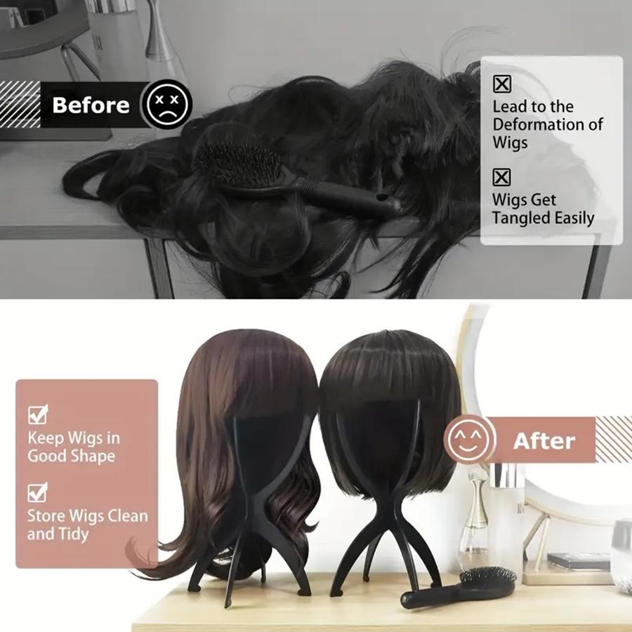 1 Pc 13.8IN Portable Collapsible Wig Stand Holder for Multiple Wigs Black And Pink Durable Wig Stands for Women
