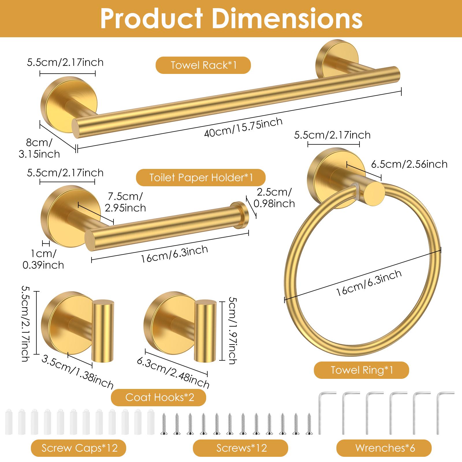 5Pcs Gold Bathroom Hardware Set Stainless Steel Modern Bathroom Hardware Accessory Towel Bar Ring Toilet Paper Holder Robe Hook