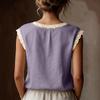 Damen Leinen Kurzarm Top mit Spitzenbesatz Lockerer Schnitt Rundhalsausschnitt Basic Bluse Lässiges Leichtes Sommerhemd