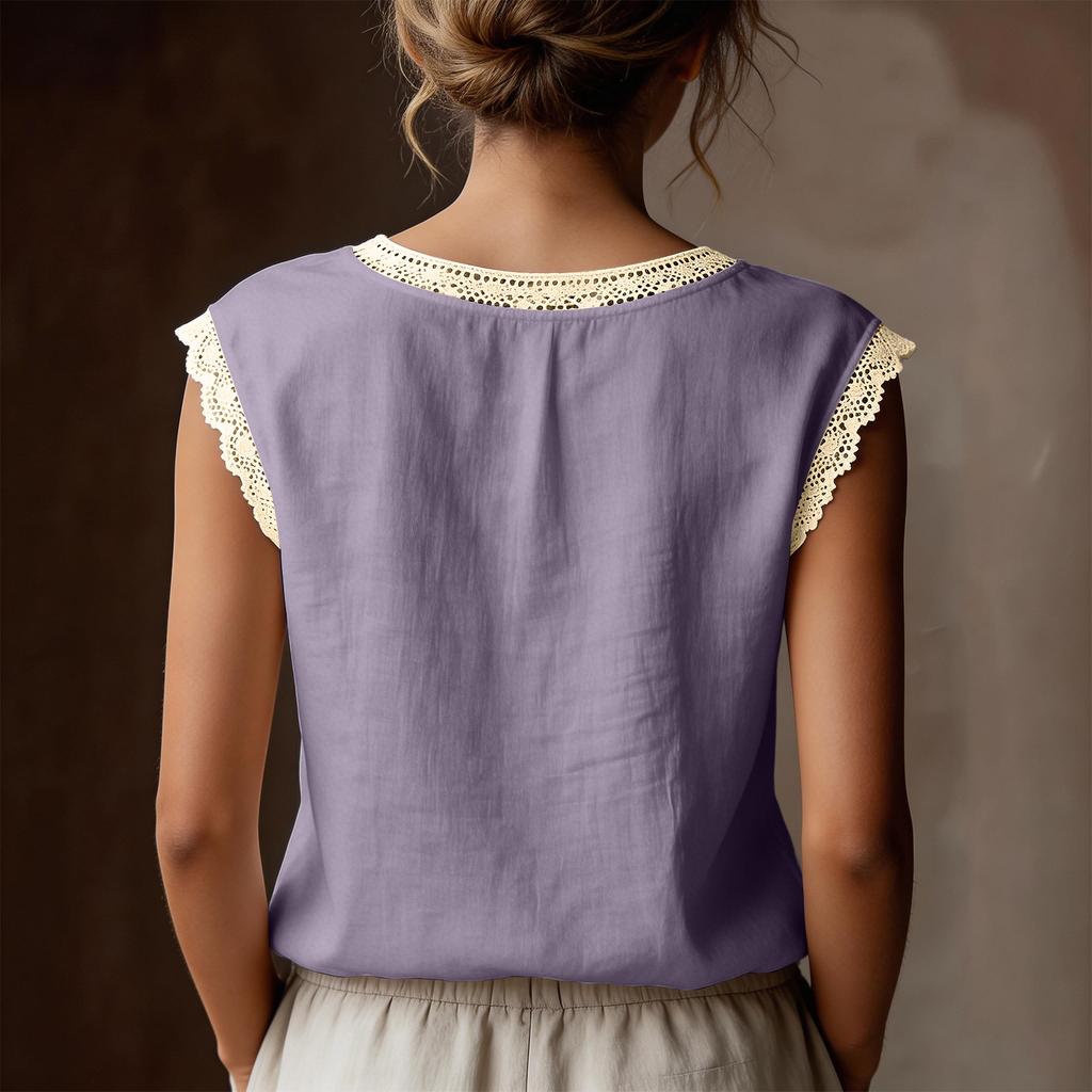 Damen Leinen Kurzarm Top mit Spitzenbesatz Lockerer Schnitt Rundhalsausschnitt Basic Bluse Lässiges Leichtes Sommerhemd