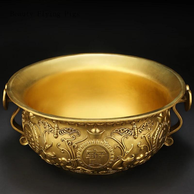 Copper Treasure Bowl Ornament Solid Wood Base Absorb Wealth Living Room Home Decoration Feng Shui Housewarming Opening Gift