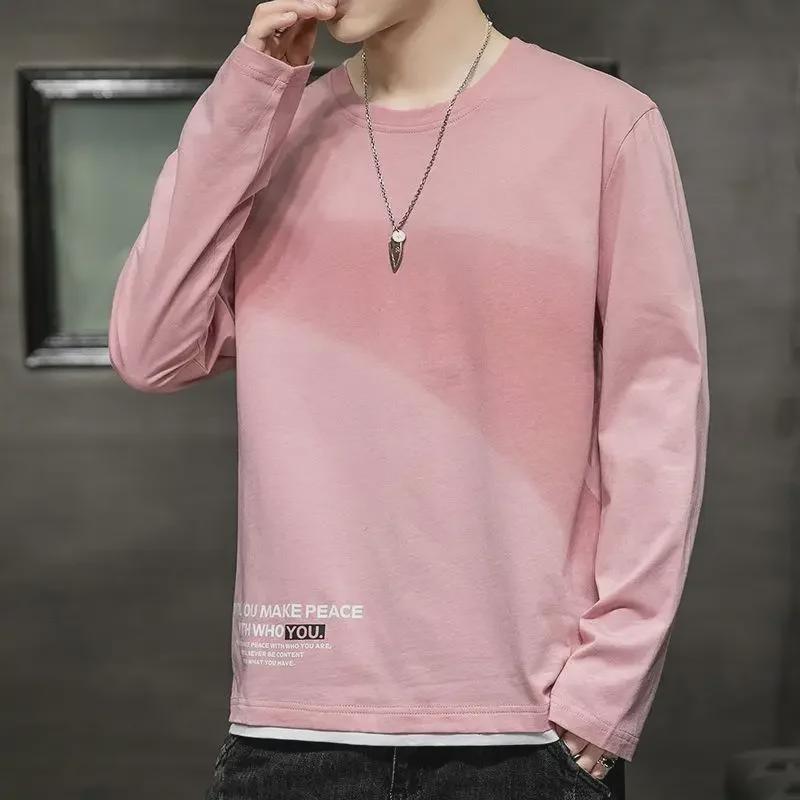 

Мужские повседневные футболки с длинным рукавом: Свободный, универсальный, модный гонконгский стиль для весны и осени Large розовый