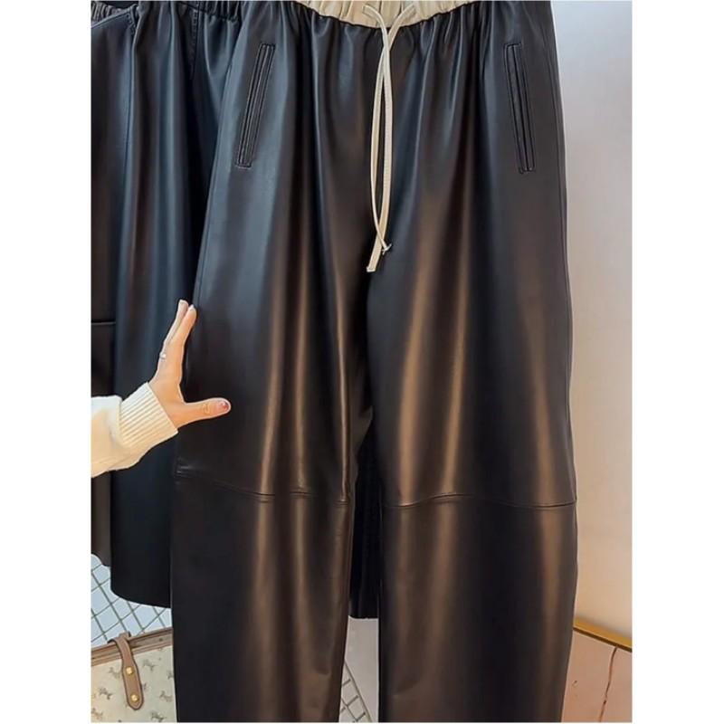 Women Autumn and Winter Pu Leather Pants Straight Loose Casual Narrow Wide-leg Pants