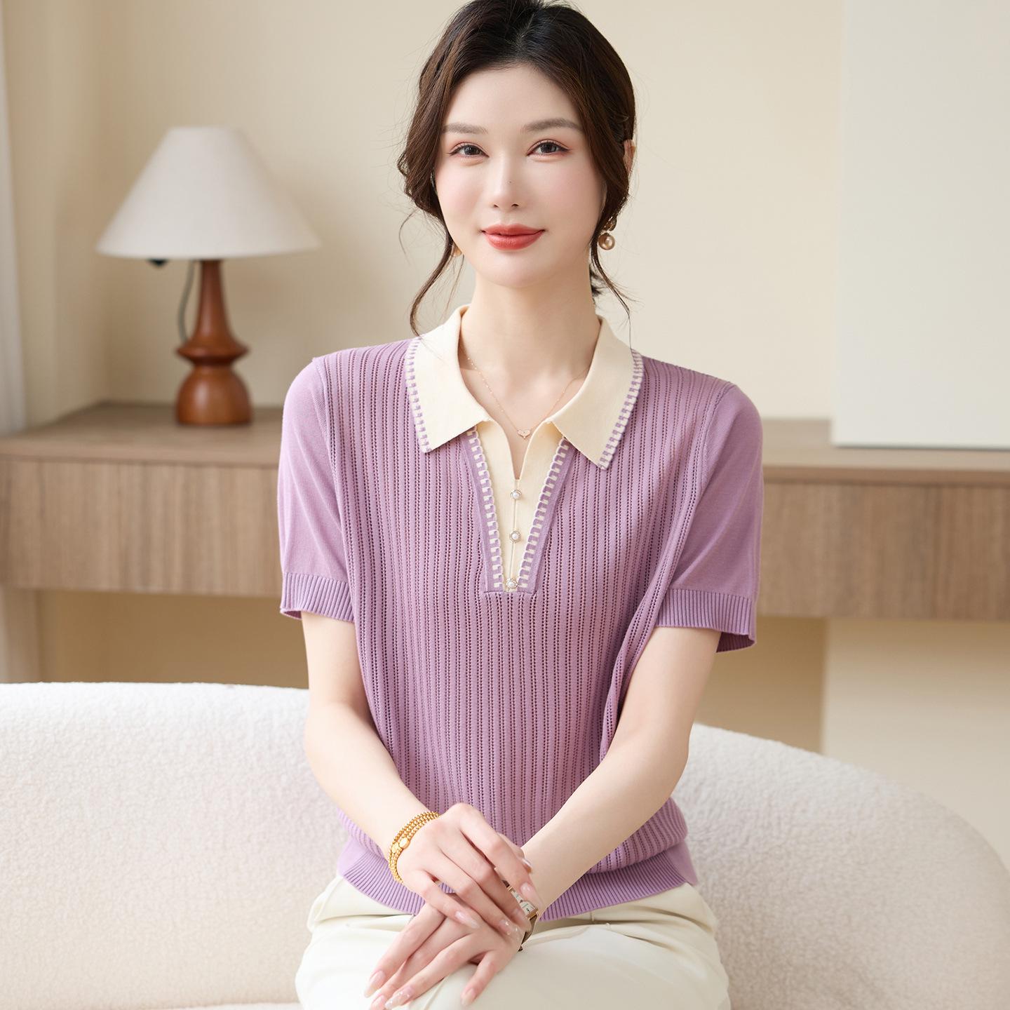 

Mom s 2026 Fashionable Short-Sleeve Mulberry Silk Blouse for Middle-Aged & Elderly Women 4XL (135-150 lbs) фиолетовый
