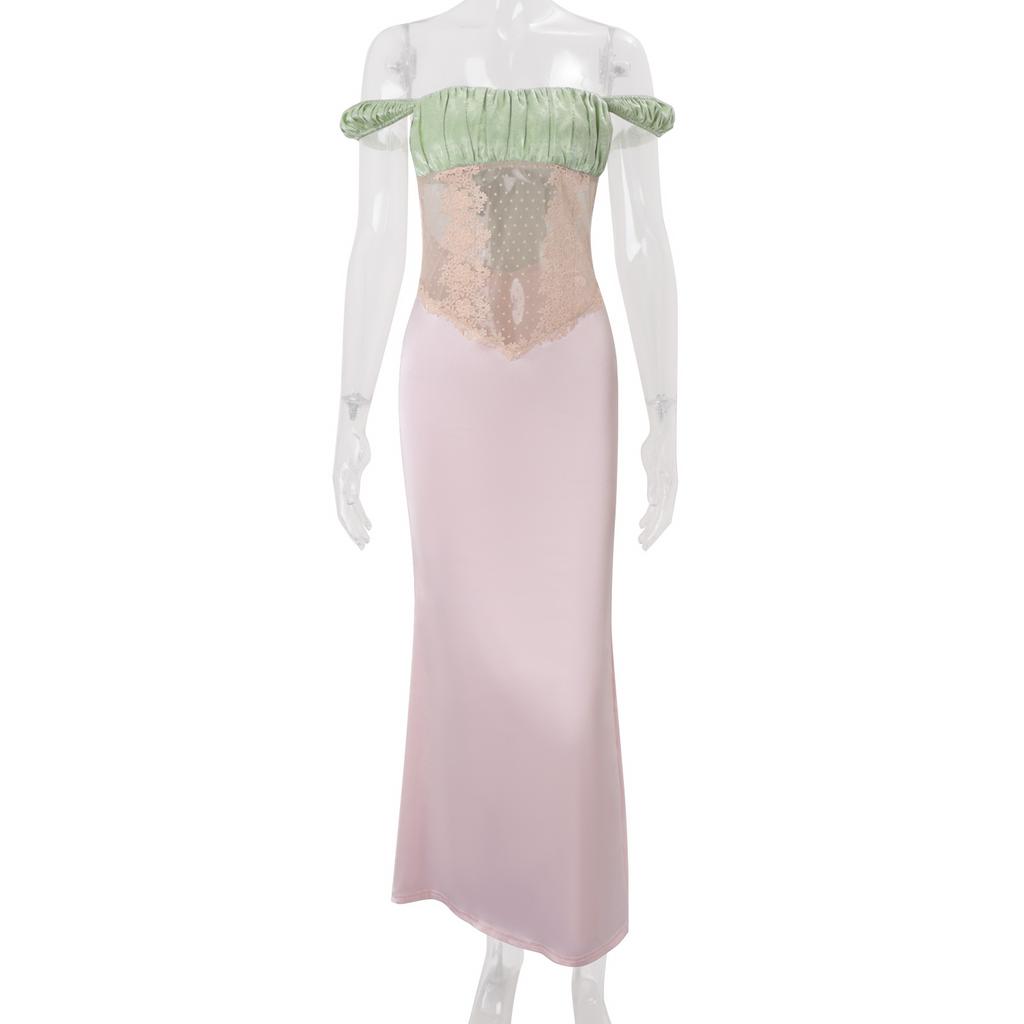 European and American women's clothing summer new French sweet slim-fitting high-waisted satin pleated color matching tube top dress